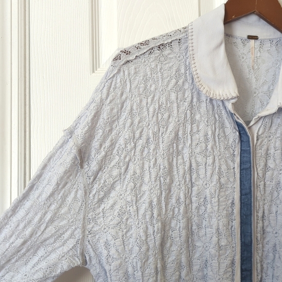 Free People Must Have Floral Lace Long Sleeve Button Down Tie Back Tunic Blue M - Picture 4 of 16